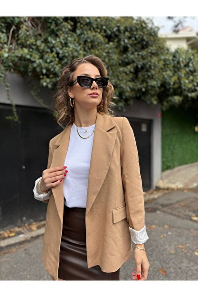 BERİLLE Keten Saten Astarlı Camel Kadın Ceket