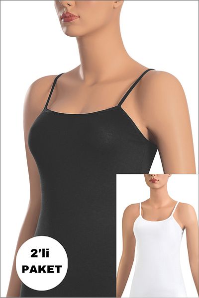 NİSYVE Black and White 2-Pack Square Plain Neck Cotton Lycra Women's Tank Top