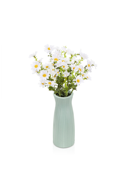 Çiçekmisin Çizgi Desenli Saksıda 2 Demet Beyaz Yapay Papatya