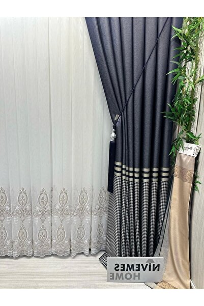 NİVEMESHOME Nivemeshome Hüzzam Gold Detailed 1/3 Thin Pleated Tulle Curtain Apm