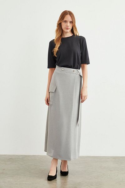 Zühre Long Gray Skirt - Pocket Detail, ETK-0142