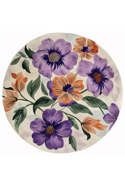 Rugs Modern Halı Turuncu Lila Çiçek Desenli Bej Dokuma Taban Yuvarlak Halı no...