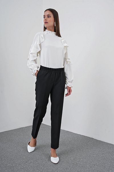 Zühre Picior negru subțire - Pantaloni din țesătură cu talie elastică P-0148