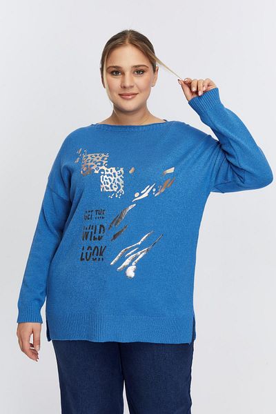 RMG Plus Size Boat Neck Leopard Pattern Printed Knitwear Indigo
