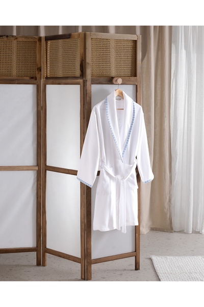 Madame Coco Дамски халат за баня Aster 100% памук с щампа - бяло/синьо - XXL ...