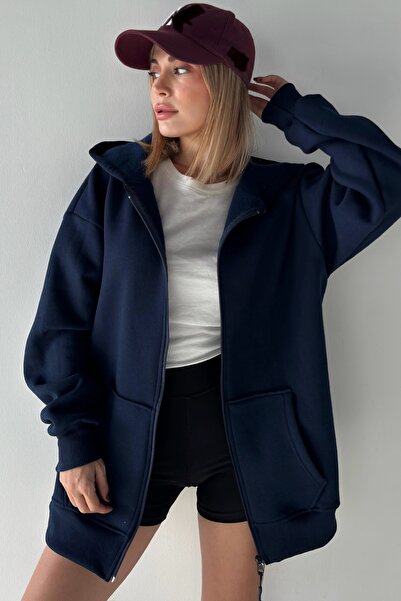 NUDEQUEEN Oversize Unisex Üç İplik Kalın Fermuarlı Sweatshirt Hırka KGT-SW05X0