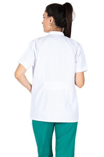 Alsancak Üniforma Jachetă Doctor albă cu mânecă scurtă din țesătură de alpaca cu guler judecător