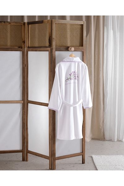 Madame Coco Halat de baie Lavinde 100% bumbac imprimat pentru femei - Alb/Lavandă - L/XL - Colecție Timeless