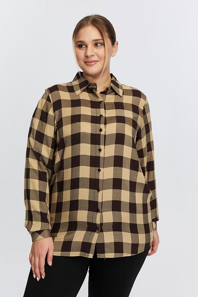 RMG Coffee Color Plus Size Plaid Shirt