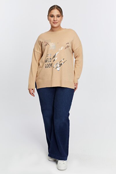 RMG Plus Size Boat Neck Leopard Pattern Printed Knitwear Mink