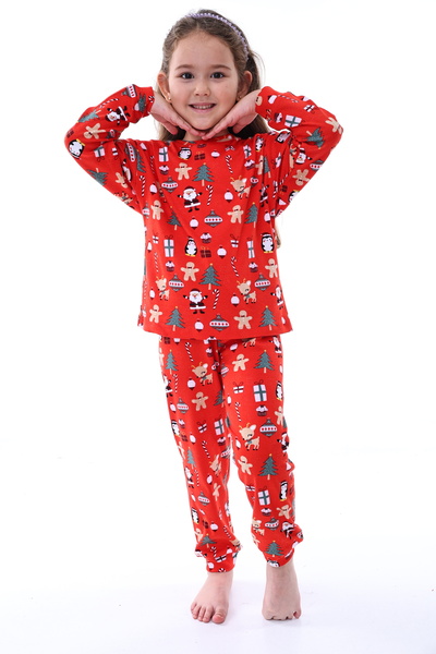 ZUZUNGA New Year's Themed Red 100% Cotton Interlock Fabric Girls-Boys Pajamas Set 3-8 Years
