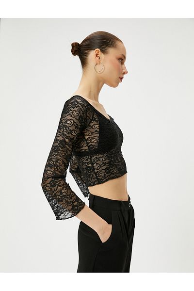 Koton Tricou scurt din dantelă cu mânecă lungă cu gât rotund