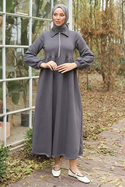 Bestenur Dicle Half Zipper Dress 696 - Anthracite