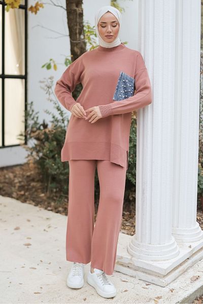 Bestenur Knitwear Tunic and Trousers Set 1236 - Dusty Rose