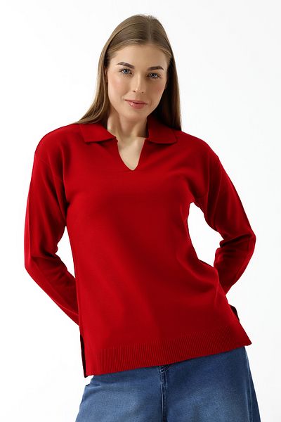 Devinka Women's Polo Neck Long Sleeve Knitwear Blouse Red