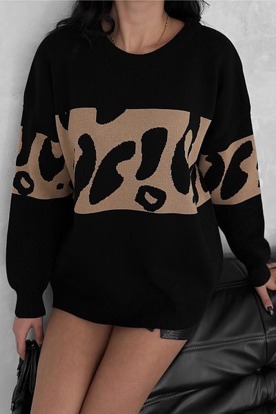 FEMELLE Pulover de damă, negru, mărime standard, cu model leopard, tricotaj supradimensionat