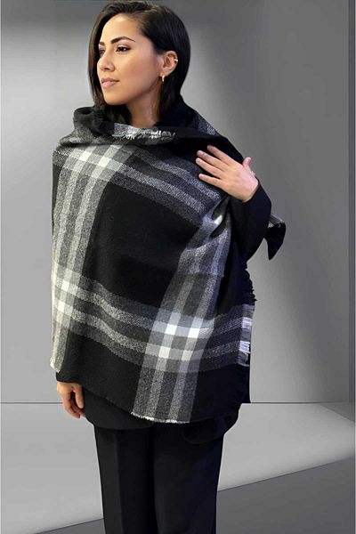 Trenderrs Eșarfă moale pentru umăr pentru femei, cu model în carouri afumate negre - 70 cm x 180 cm