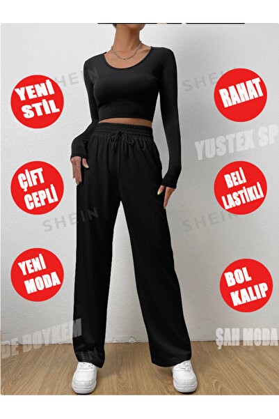 CAONNES Pantaloni de sport negri, largi, largi, elastici, confortabili, din ț...