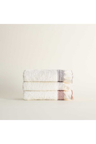 Ecocotton Alessa 3-Pack Drying Towels - 100% Organic Cotton, Lace, Cream-Powder-Gray, 30X50 cm