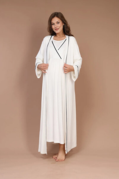 Reyhanlar Women's Combed Cotton Pajama Set with Long Sleeves and Maternity Robe Ecru