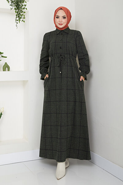 ModaMerve Khaki Winter Dress - Lace-Up Waist, 8076Ukb929-M