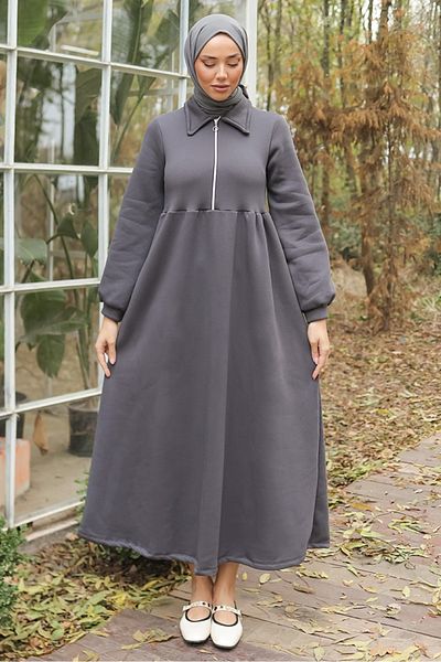 Bestenur Dicle Half Zipper Dress 696 - Anthracite