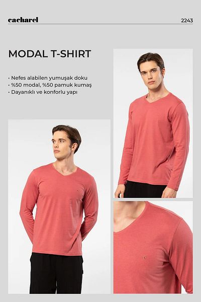 Cacharel Men's 50% Modal, 50% Cotton V-Neck Long Sleeve T-Shirt