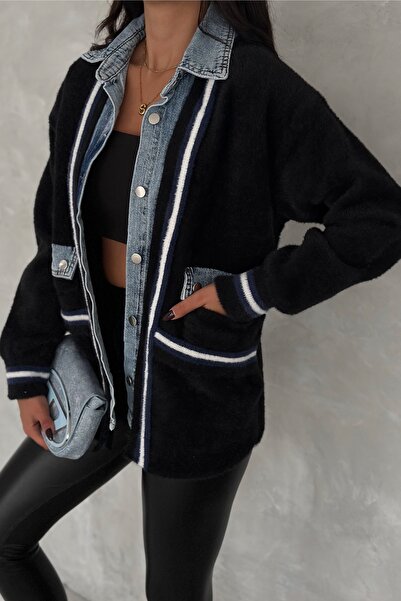 FEMELLE Women's Black Standard Size Oversize Premium Cardigan with Button Pocket and Denim Detail