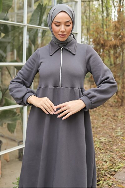 Bestenur Dicle Half Zipper Dress 696 - Anthracite
