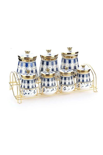 Altabi Blue Patterned Porcelain Seasoning Set - with Metal Stand
