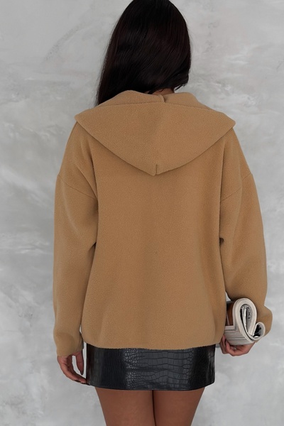 FEMELLE Γυναικεία καφέ κανονικό μέγεθος με κουκούλα με μαργαριταρένια κουμπιά Λεπτομερή πλεκτή ζακέτα