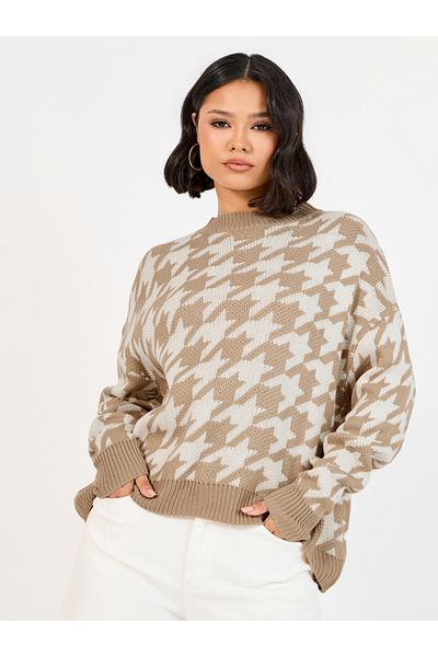 Styli Boxy Fit Regular Length Houndstooth Pattern Sweater