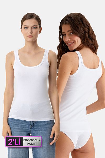 Pierre Cardin Economic Pack of 2 White 1025 Square Collar Thick Strap Basic Cotton Athlete Set