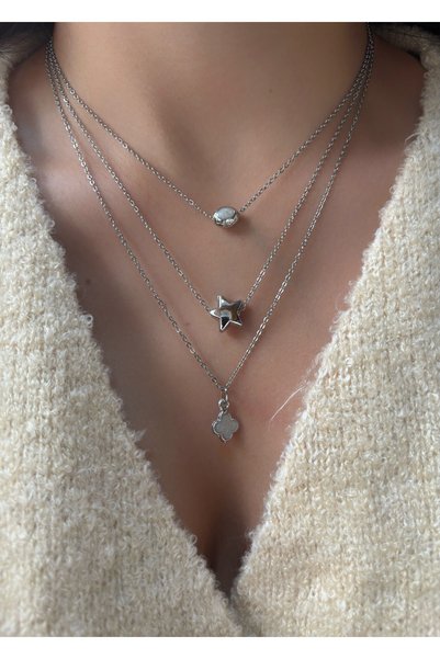 aksesuaris 3Pcs Steel Chain Silver Color Necklaces