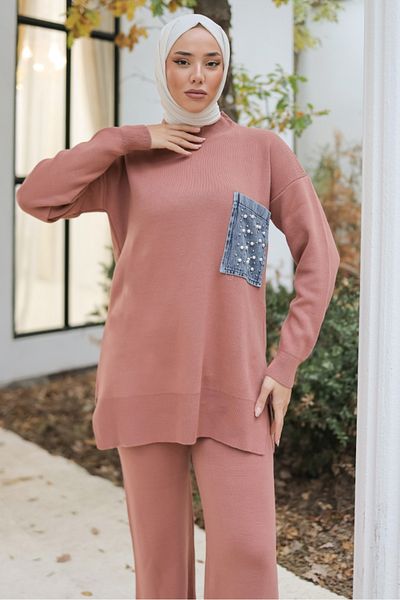 Bestenur Knitwear Tunic and Trousers Set 1236 - Dusty Rose
