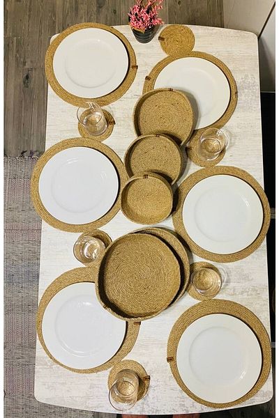 MS Glassware Set de zestre din răchită 17 bucăți 6x plăci 6x subțire pentru pahare 1x set de 3 2x suport de prezentare coș din răchită pentru pâine