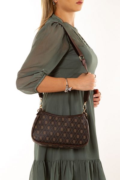 Newish Woman's Brown Vegan Leather Patterned Sleeve Cross Shoulder Bag