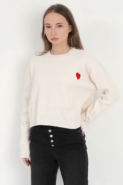 GİYSA Pulover pentru femei Crop crem - Aplicație de inimă, decolteu O cu nervuri, material acrilic - 3095