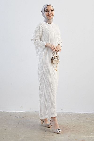 InStyle Arissa Μακρύ Πλεκτό Φόρεμα Turtleneck - Κρέμα