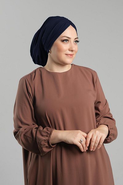 HÜRREM BONE Navy Blue Practical Hijab Bonnet - Ready Snap, Sandy Gathered Loose 2119_02