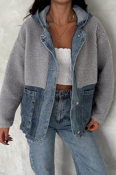 FEMELLE Women's Gray Snap Button Jeans Garnished Hooded Plush Jacket