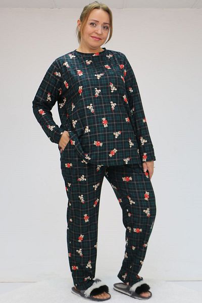 Eslina 47814 Large Size Micro Suede Long Sleeve Pajamas Set - Emerald with Teddy Bear