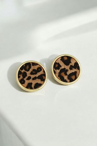Çlk Accessories Premium Leopard Print Gold Rimmed Round Earrings
