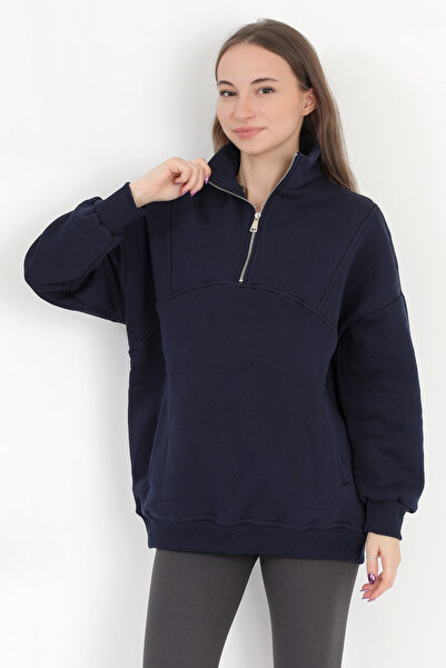 GİYSA Жіночий темно-синій светр з високим коміром, напівзастібкою на блискавці та кишенями з деталями, з бавовняної тканини, оверсайз - 2542