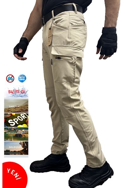 Polviton Beige Men's Slim Fit Combat Pants - Water Repellent with Cargo Pockets