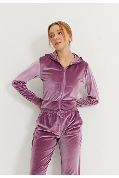 TUBİA Kadın Gül Kurusu Renk Kadife Kumaş Kapüşonlu Crop Hırka Ceket