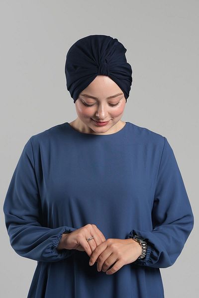 HÜRREM BONE Practical Navy Blue Hijab Bonnet - Snap, Pleated and Loose 2121_02