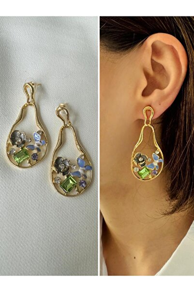 Retrobird Tasarım Pirinç Retro Model Küpe Kadın Karışık Renkli