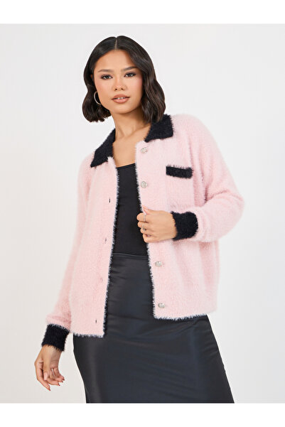 Styli Regular Fit Fuzzy Yarn Cardigan with Contrast Cuff