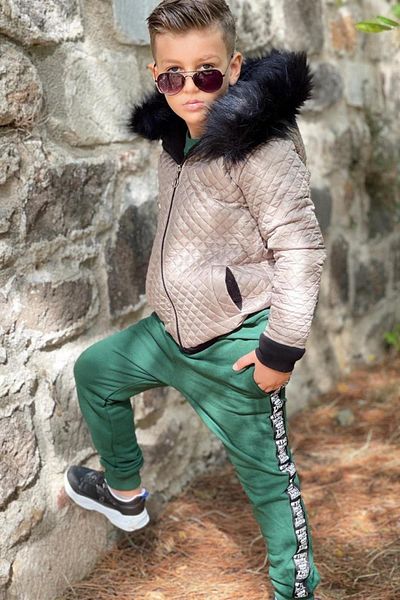 Riccotarz Boy's New Green Tracksuit with Fur Coat and Beret and Stripe Detail